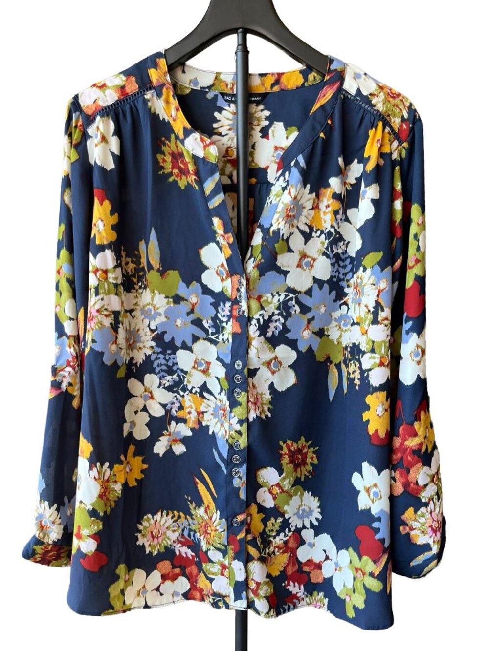 Zac & Rachel Woman 2X Navy Floral Roll Tab Sleeve Blouse